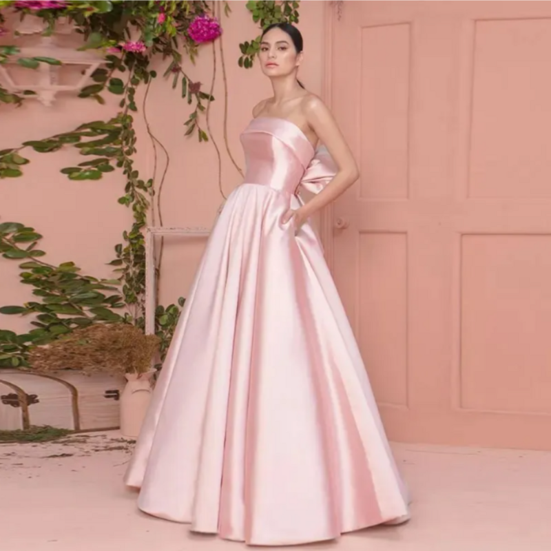 2024 neuen Stil rosa formale Ballkleid elegante träger lose Hals zurück Bogen Satin A-Linie Abend Party Kleider Kleider Robe de Soiree