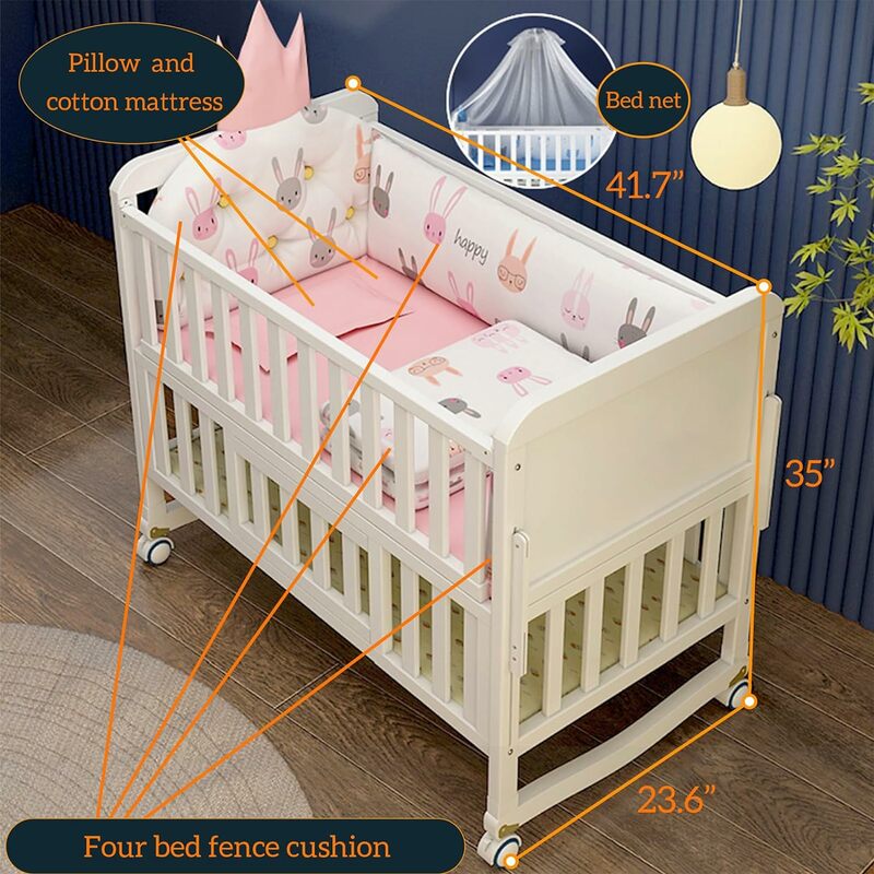 Детская кроватка-трансформер 6 в 1, многофункциональная мини-кроватка, Комплект постельного белья из 5 предметов + случайный синий или розовый цвет