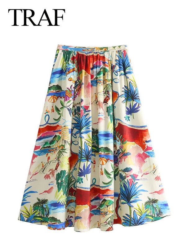 TRAF-Falda plisada de cintura alta para mujer, elegante, con cremallera lateral, bolsillo, decoración Vintage, delgada, playa, estampado informal