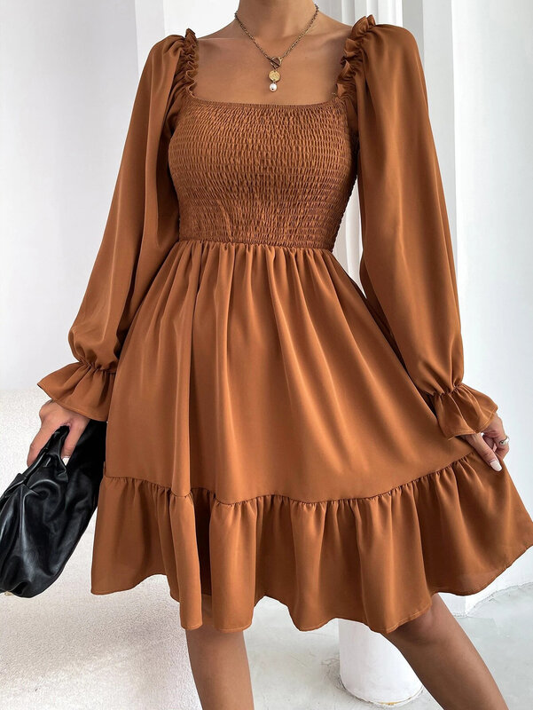 Платье женское с длинным рукавом, Элегантная Модная однотонная пляжная юбка с квадратным вырезом, с оборками в богемном стиле, весна-осень