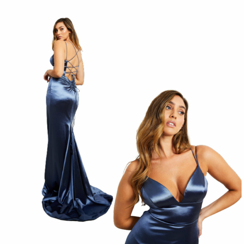 Новинка 2024, синее атласное вечернее платье SH-070