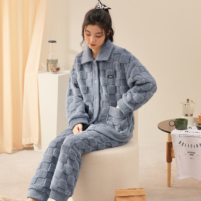 Pluche Flanellen Pyjama Dames Revers Vest Losse Dikke Koraal Fleece Home Service Pak Herfst Winter Houden Warm Casual Trainingspak