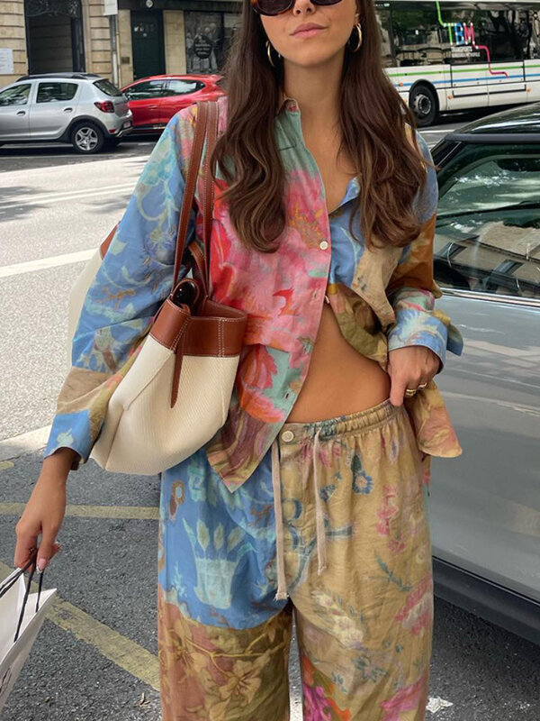 Vintage Tie Dye Print Women Suit Single Breasted Blouse Straight Long Loose Pants New Fashion Summer Boho Blouse and Pants Sets