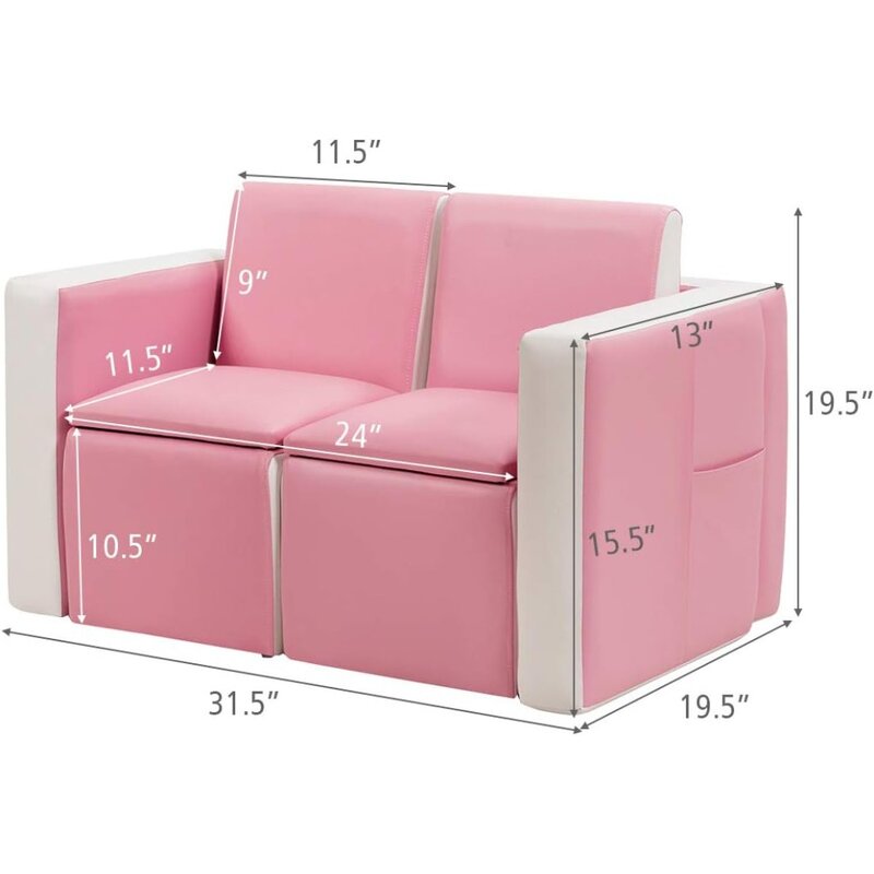 Children's sofa, 2-in-1 convertible two-seater sofa with storage, children's chaise longue in PVC leather, pink and white