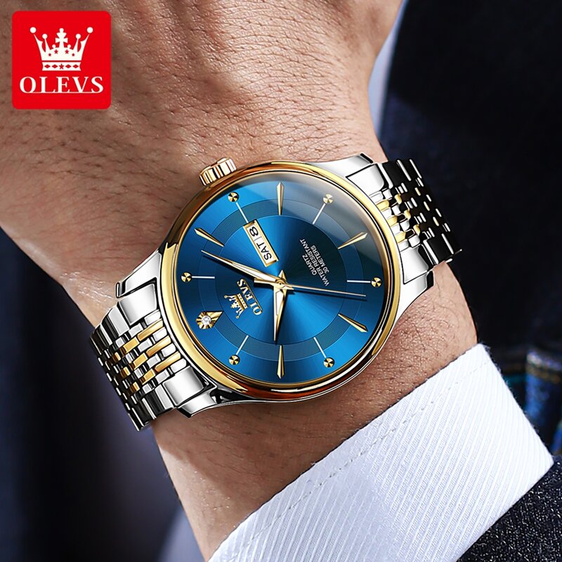 Мужские водонепроницаемые кварцевые часы из нержавеющей стали с синей подсветкой