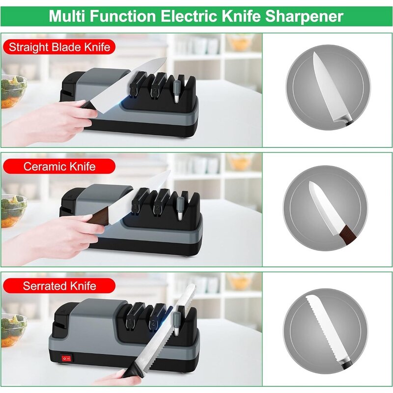 Afilador de cuchillos eléctrico 4 en 1 para cuchillos de hoja recta, cuchillos dentados, cuchillos de cerámica
