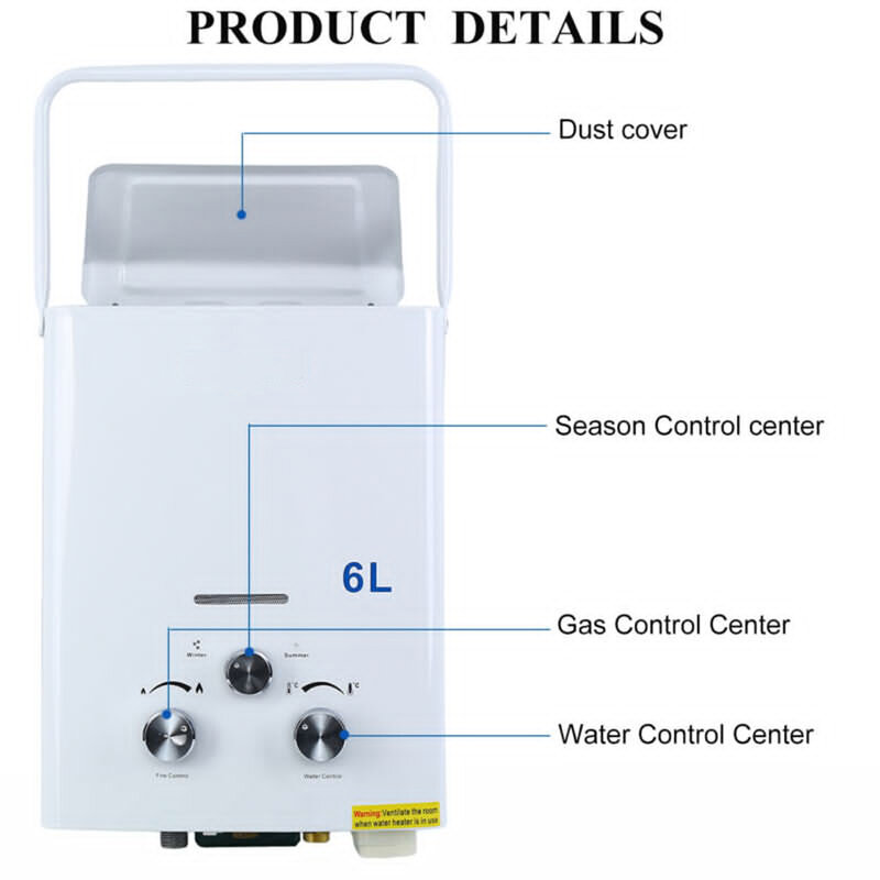 Calefator de água quente Tankless portátil para o campista, gás do propano, caldeira exterior, LPG, 6L