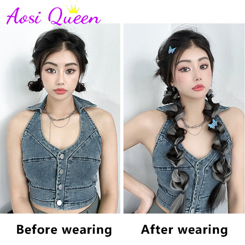 AOSI синтетический пузырьковый Плетеный парик для женщин милый крутой натуральный черный выделенный твист длинная коса фонарик боксерский высокий хвост