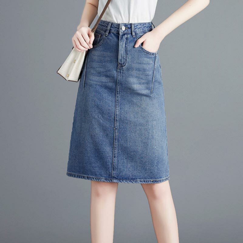 Женская джинсовая юбка, синяя весенне-летняя тонкая облегающая Модная Джинсовая юбка с высокой талией и разрезом, повседневная женская одежда