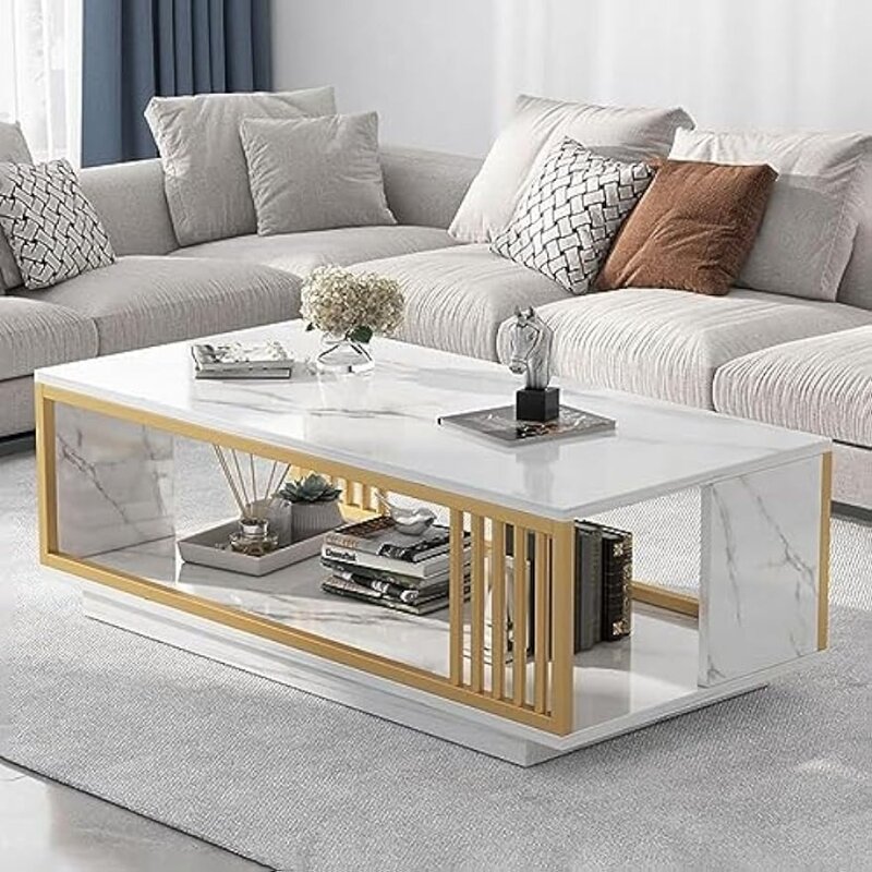 Modern faux marble coffee table, 2-tier wooden coffee table with gold frame, sofa coffee table living room bedroom 40 inches