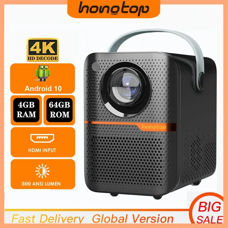 HONGTOP-miniproyector inteligente para cine en casa, proyector portátil de 300 Lúmenes ANSI, 4K, con WIFI, Bluetooth, 1080P