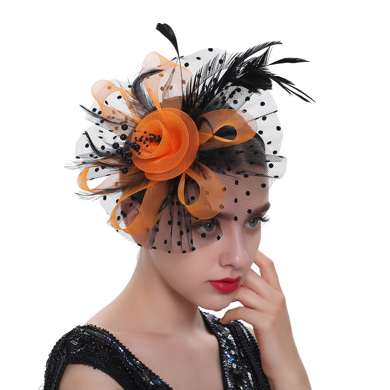 قبعة مبهرة من الريش الكلاسيكي للنساء ، إكسسوارات شعر للسيدات ، حجاب شبكي للزفاف ، دبوس شعر بعصابة رأس