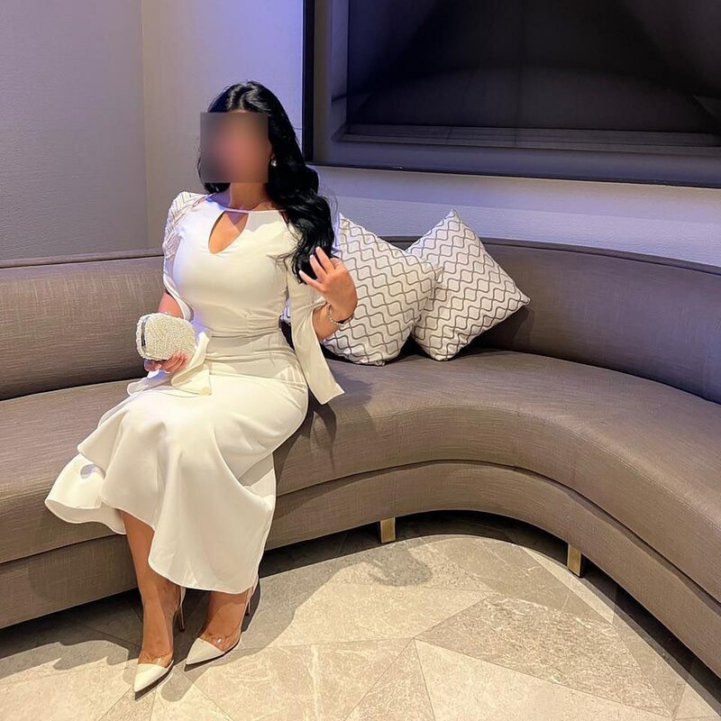 Vestidos de Fiesta de manga larga para mujer, vestidos blancos para ocasiones formales, cuello redondo, cuentas hasta el tobillo, Vestidos de Noche de temperamento de Dubái