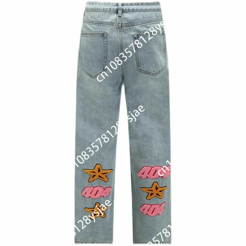 American Retro Niche Design Letter Embroidered Jeans Men High Street Slim Straight Casual Pants Couple Harajuku Joker Trousers