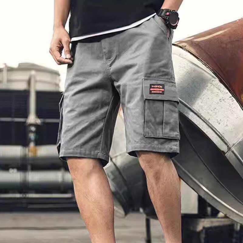 Men Cargo Shorts Loose Solid Color Multi Pockets Straight Soft Breathable Mid Waist Pockets Quick-drying Knee Length Shorts