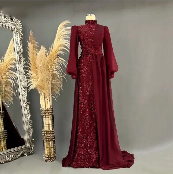 Бордовое мусульманское вечернее платье с пышными длинными рукавами, кружевное платье с аппликацией и высоким воротником, шифоновое платье в турецком стиле