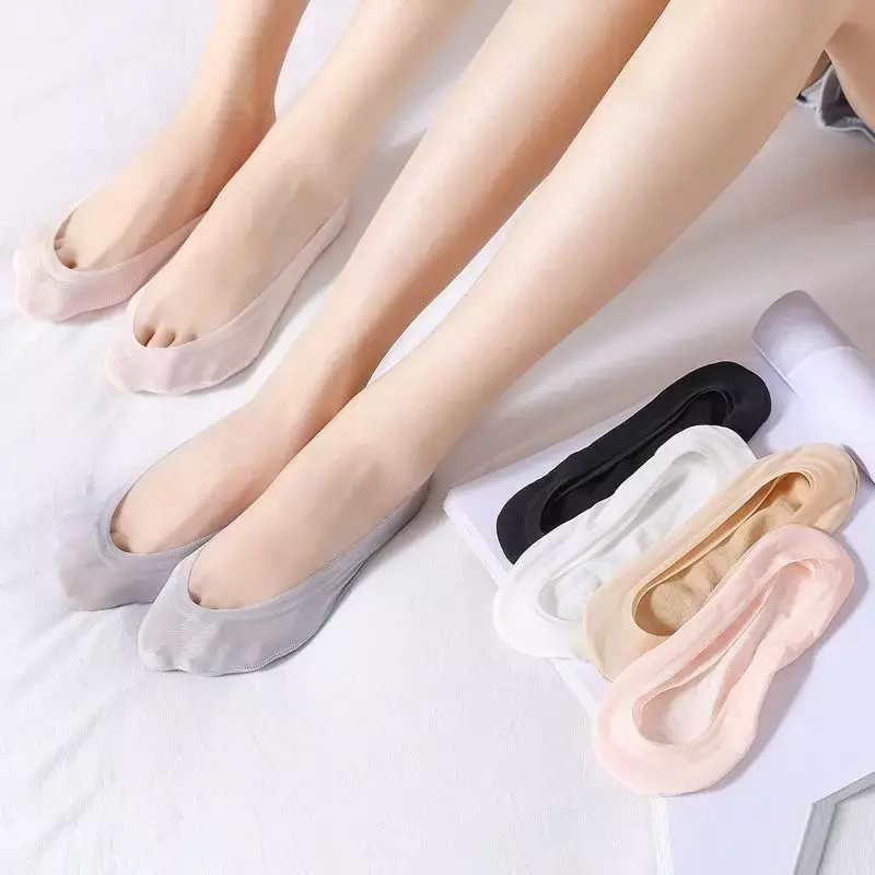 1/5pairs Women Silicone Anti-slip Invisible Socks Ice Silk Ankle Summer Ultra-thin Breathable Sock Shoe Slippers Low Boat Sock
