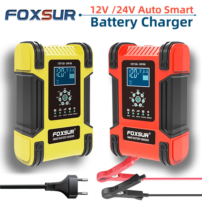 FOXSUR 12V 12A Smart Auto Batterie Ladegerät 24V Motorrad Lkw Boot Lithium-LiFePO4 AGM GEL NASSE Blei betreuer & Desulfator