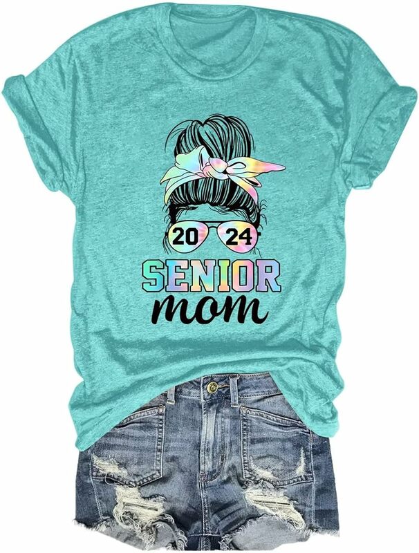 2024 Senior Mom T Shirt Womens Funny Printed Graphic Tees Short Sleeve Cute Shirts Casual Loose Mom Tops