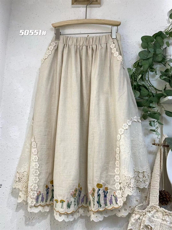 Vestido de encaje bordado de estilo pastoral Mori para mujer, media falda de alta calidad, Moda de Primavera y verano, 2024