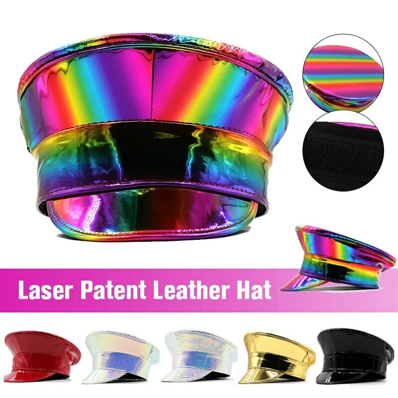 Donna uomo PU Leather Captain Cap Rainbow Laser Patent Leather cappello militare Prom Performance Bar Cosplay Show Hat berretto berretto