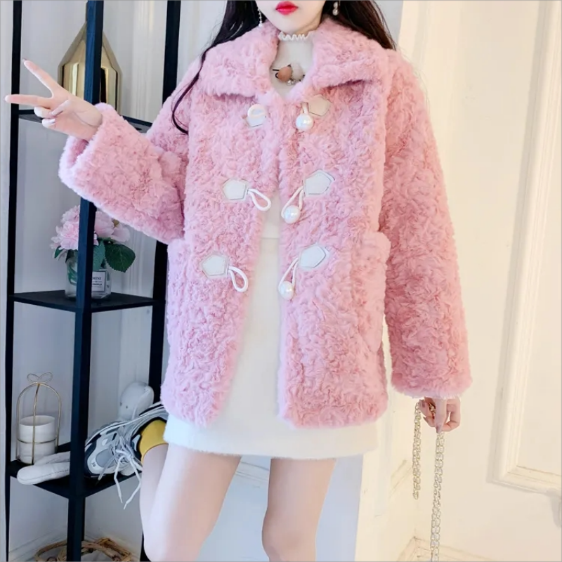 Новинка 2023, зимнее плюшевое пальто из искусственного кроличьего меха, Женская Корейская версия свободного кроя, пальто из искусственного меха ягненка