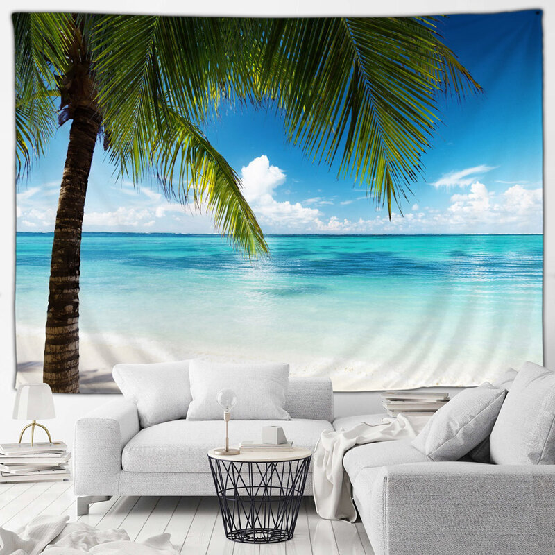 Tapiz de paisaje oceánico Hawaiano, tapices de playa, Isla de cocoteros, paisaje natural, decoración para el hogar, sala de estar, jardín, colgante de pared