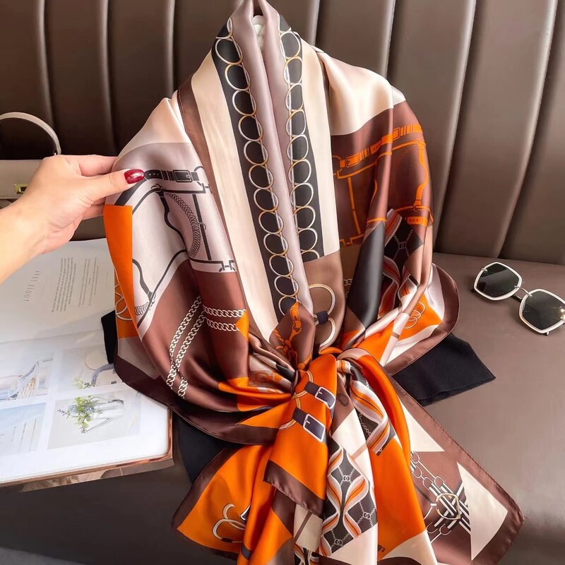 Fashion Print 180X90CM Shawl Popular Design Satin Finish Silk Scarf The Four Seasons Warm Hijab Women Luxury Brand Lrage Scarves