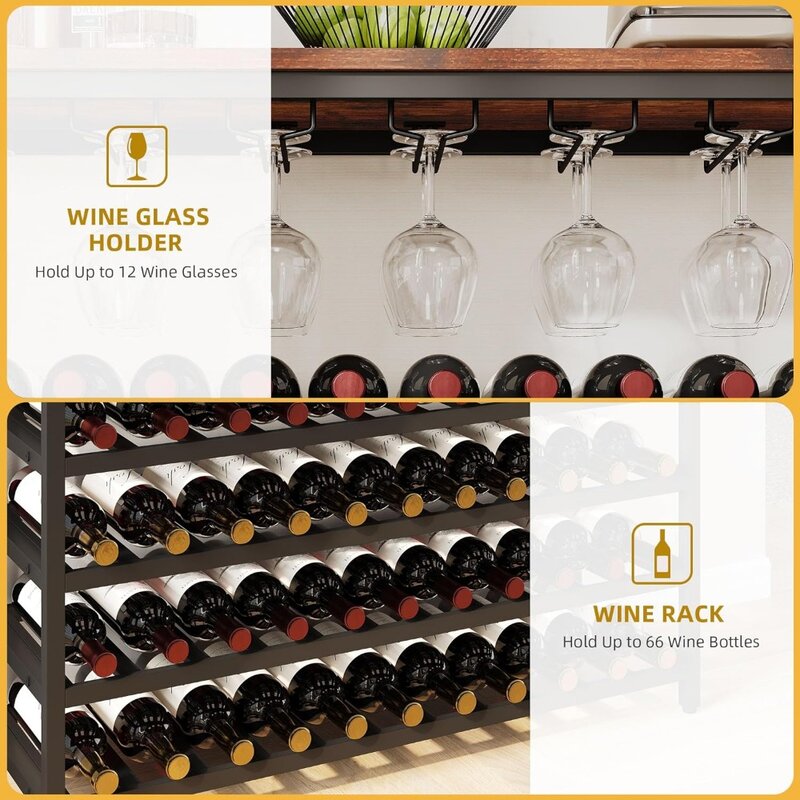 Casier à vin avec sol indépendant, utilisé pour les boissons alcoolisées et les tasses en verre, plateau de table, armoire de bar à 6 étages pour usage domestique, 66 bouteilles