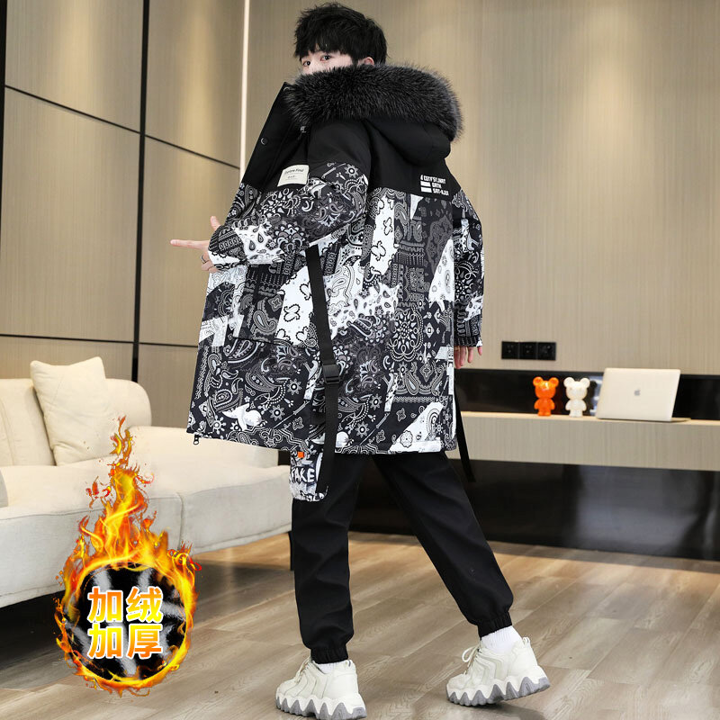 Trench lungo invernale sottile da uomo cappotto con cappuccio stile stampa lettera cappotto nero Hip Hop Streetwear autunno giacca da uomo coreana