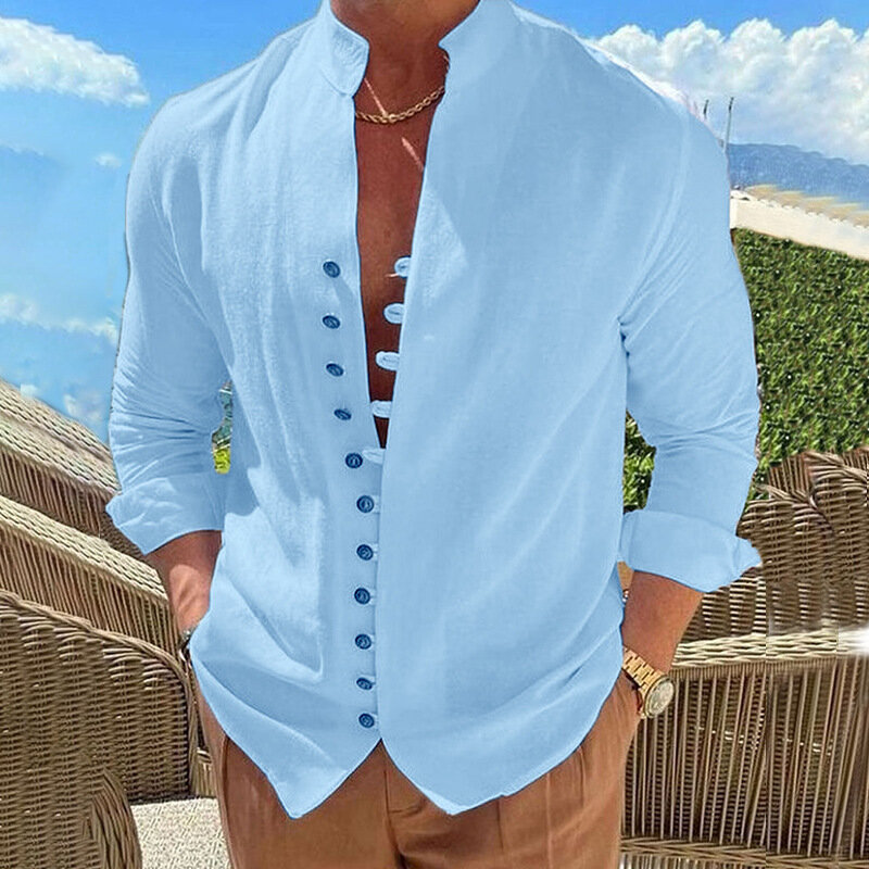 Chemise à manches longues en coton et lin pour hommes, version ample décontractée, haut rétro, tendance de la mode, printemps et automne, nouveau, 2024