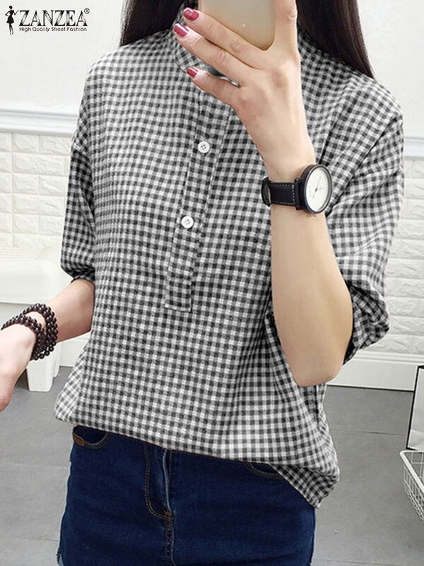 ZANZEA-camisa xadrez feminina, gola O, blusa de meia manga, blusas femininas elegantes de trabalho, botões casuais em tops, moda verão