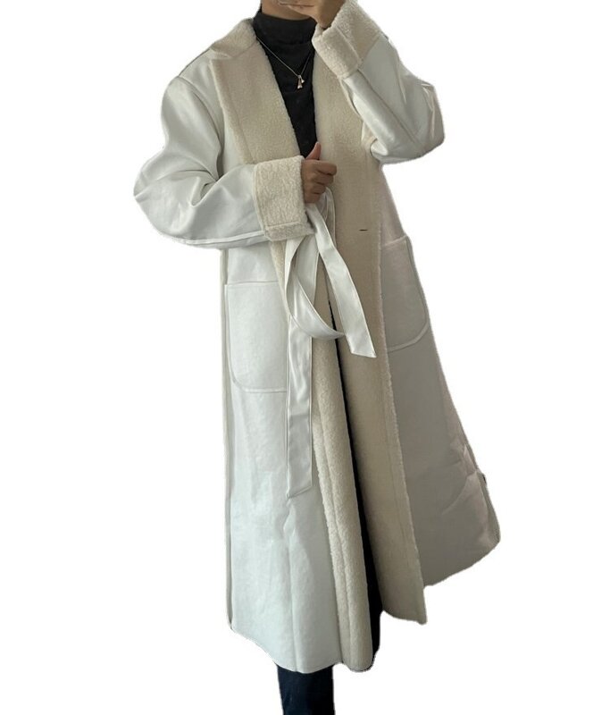 Jaket kulit PU hangat untuk wanita, mantel kulit PU ramping modis, lampu jalan tinggi, mantel kulit panjang tebal beludru, mantel musim dingin