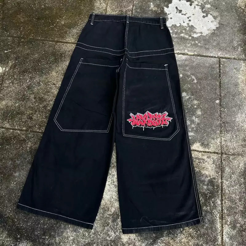 Retro wysoka talia szerokie haftowane workowate dżinsy hiphopowy sweter jeansy męskie damskie gotyckie spodnie Harajuku czarne spodnie