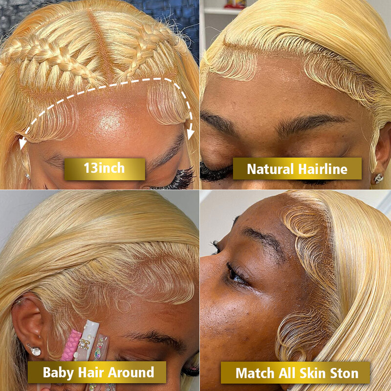 Glueless 613 Honey Blonde Bone Straight 13x4 Lace Wigs Ready To Wear 180 Density 13x6 HD Lace Frontal Human Hair Wigs For Women