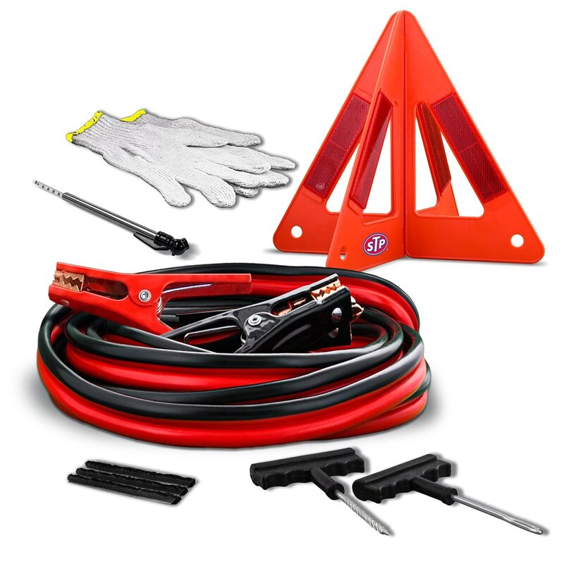 Emergency Roadside 5-Piece Kit w/ Jumper Cables, Warning Triangle, Tire Gauge, 11.5 x 11.5