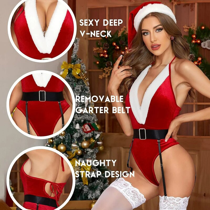 บอดี้สูทเซ็กซี่สำหรับชุดนอนสตรีชุดนอนวันคริสต์มาส, บอดี้สูทลูกไม้ + เข็มขัด + หมวกชุดนอนชุดชั้นในกามชุดนอนคริสต์มาส