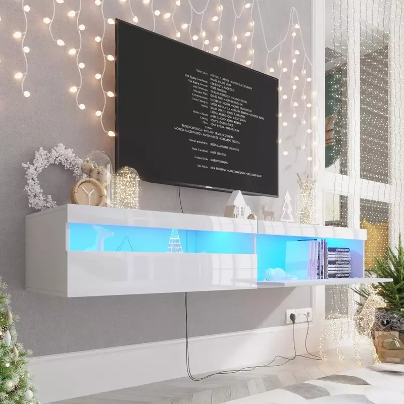 Schwimmender TV-Ständer mit LED-Leuchten, 71-Zoll-Wand-TV-Regal mit Steckdose, mit Lagers chrank, bis zu 80-Zoll-Fernseher