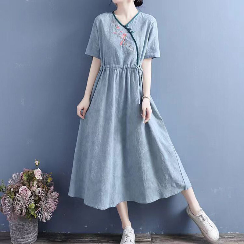 Fashion V-Neck Button Shirring Bandage Embroidery Vintage Dress Female Clothing 2024 Summer New Loose Short Sleeve Casual Dress