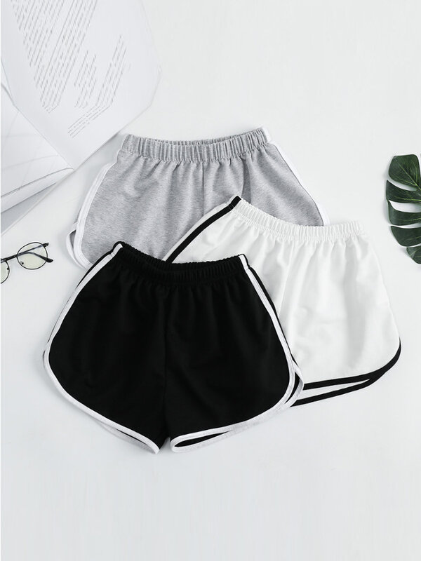 Shorts esportivos listrados para mulheres, shorts soltos simples, curto emagrecedor casual para senhoras, cintura alta, monocromático, moda verão