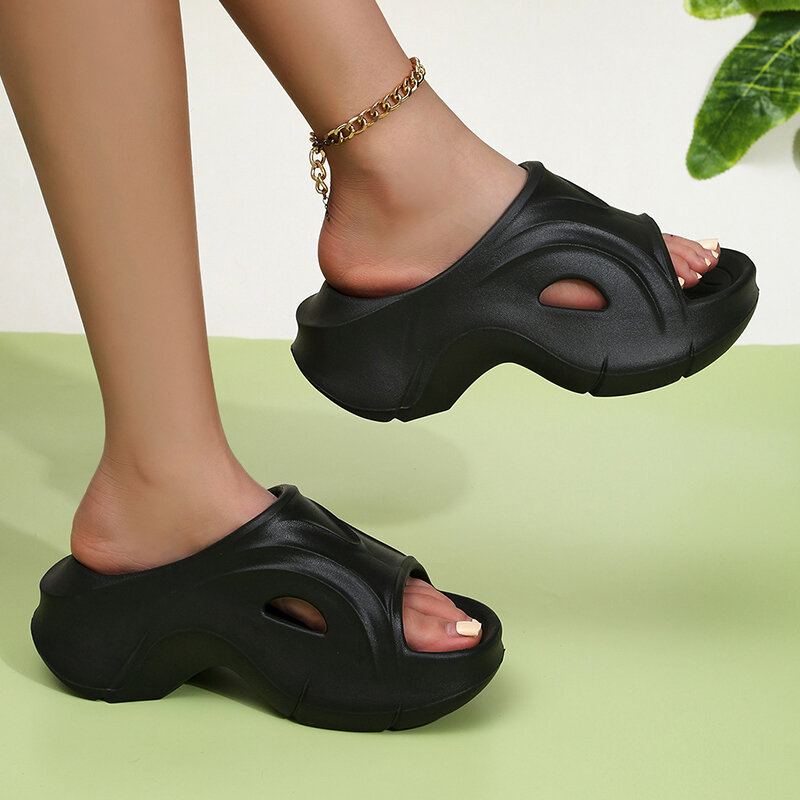 Sandal Wedge sol tebal wanita, Kasut pantai Platform Eva anti Slip luar ruangan Musim Panas 2024