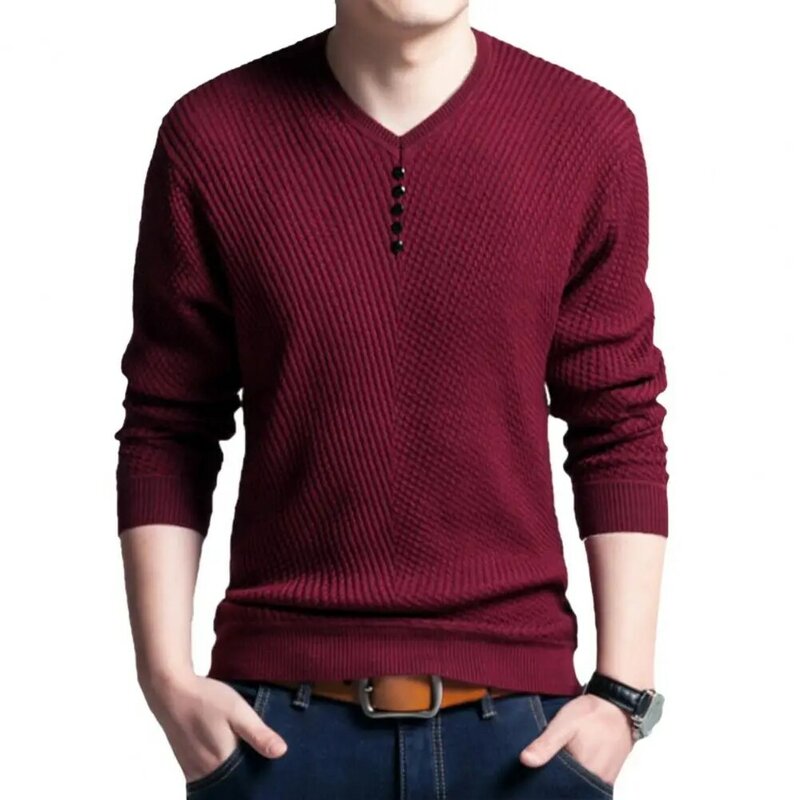 Men Pullover Sweater Stylish Men's V-neck Knitwear Warm Fleece Lining Button Decor Solid Color for Autumn Winter Cozy Men