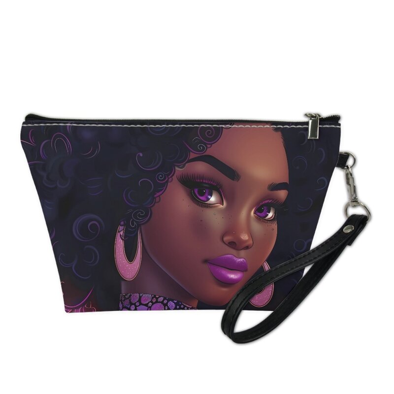 Cosmetic Bag Women Print on Demand African Girls Print Leather Travel Storage Wallets Afro Girl Makeup Pouch Drop Shipping 2024