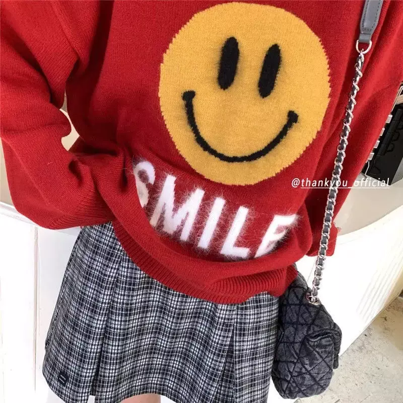 여성용 라운드넥 보터밍 스웨터, 웃는 얼굴, 레이지 풀오버, Y2K, 가을 및 겨울 패션, 2021