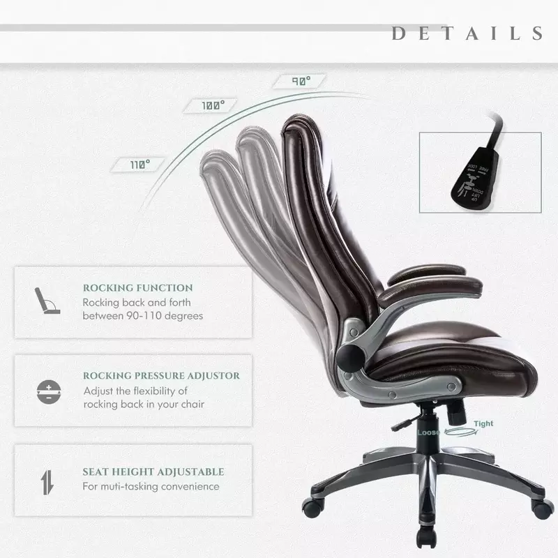 Silla de oficina ejecutiva de cuero con brazos abatibles acolchados, bloqueo de inclinación ajustable, sillas ergonómicas giratorias para trabajo de adultos