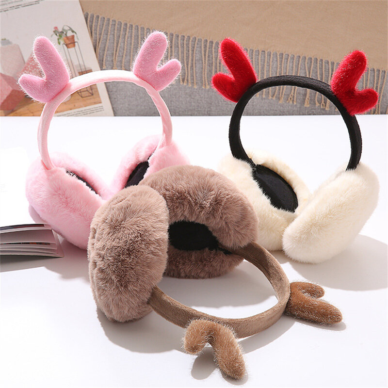 Soft Plush Earmuffs for Women Christmas Antlers Winter Warm Ear Warmer Earflap Outdoor Cold Protection Ear Cover Fur Headphones