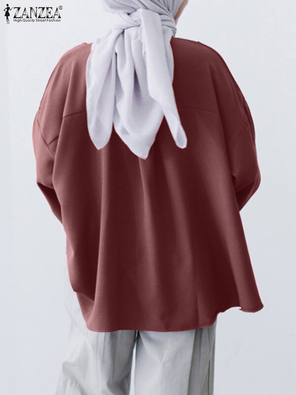 ZANZEA-blusa feminina de manga comprida com lapela, tops casuais soltos, blusa muçulmana vintage, abaya sólida, Dubai e Turquia, outono, 2023