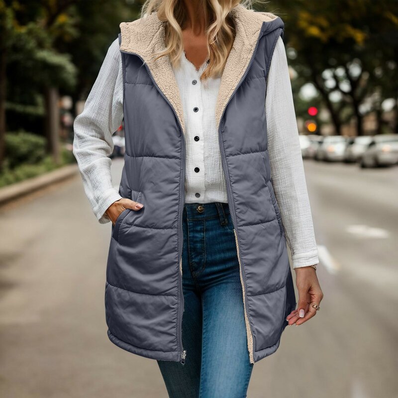 Women Fall Two-Sided Reversible Vests Sleeveless Fleece Jacket Zip Up Hoodie Pockets Long Warm Women Winter Vest Coat Outerwear