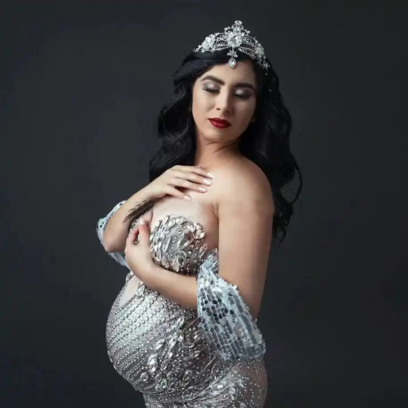 New Arrivals Elegant Shiny Rhinestones Off Shoulder Sexy Maternity Shoot Dress Sequin Fishtail Robe De Soiree