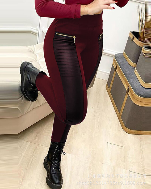 Calças de couro monocromático feminino, calça preta, nova moda, 2023